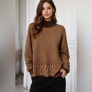 Fendi FF Logo Striped Mock Neck Knit Sweater | Brown | Made in Italy